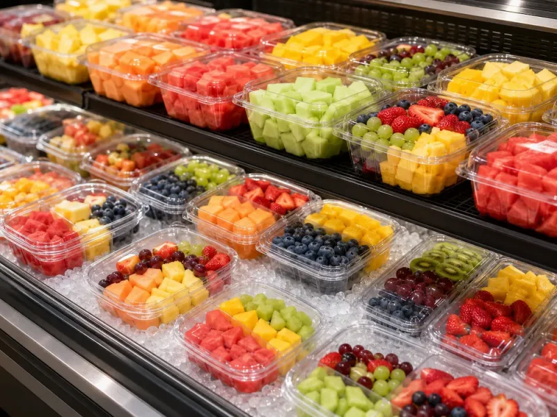 fresh-cut-fruit-grab-and-go-packaging-containers Clear fresh-cut fruit containers and compartment trays displayed in a chilled grab-and-go retail case