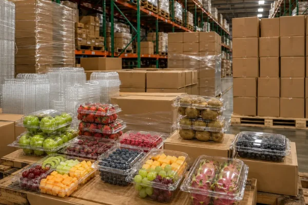 Fresh produce packaging containers prepared in warehouse for wholesale supply and bulk distribution
