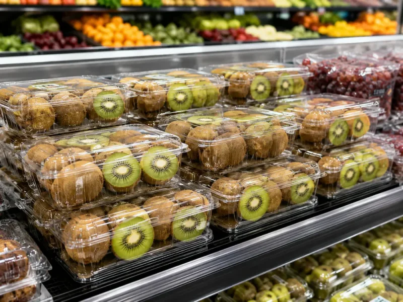 Clear PET kiwi clamshell containers for supermarket fresh produce display