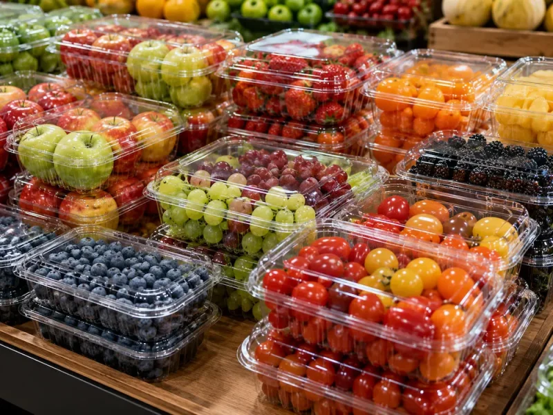 pet-hinged-deli-containers-fresh-fruit-produce-packaging PET hinged deli containers for fresh fruit and produce packaging with apples, berries, grapes and cherry tomatoes