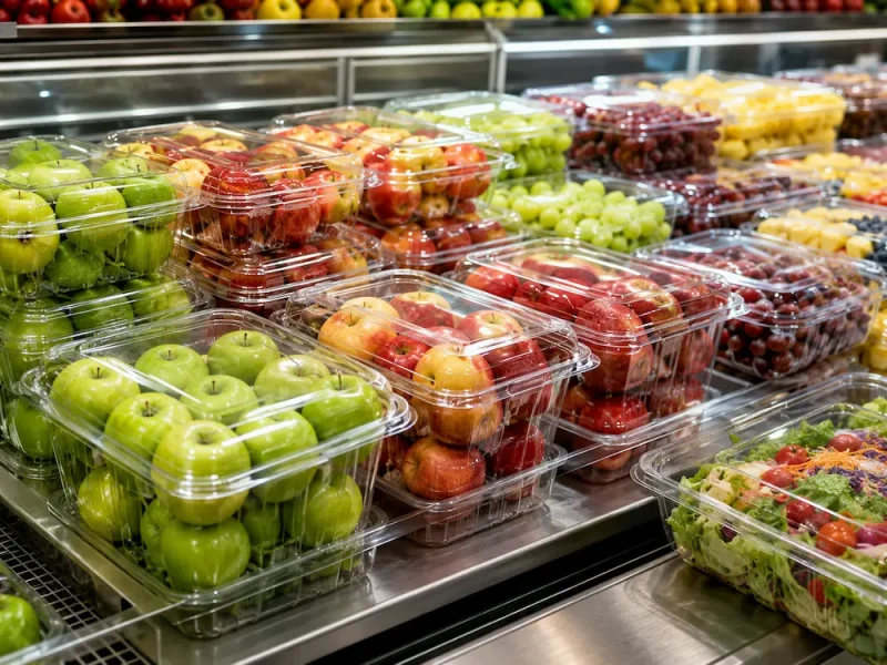 pet-hinged-deli-containers-supermarket-fresh-food-display PET hinged deli containers displayed in a supermarket refrigerated fresh food section with apples, grapes, fruit and salad packaging