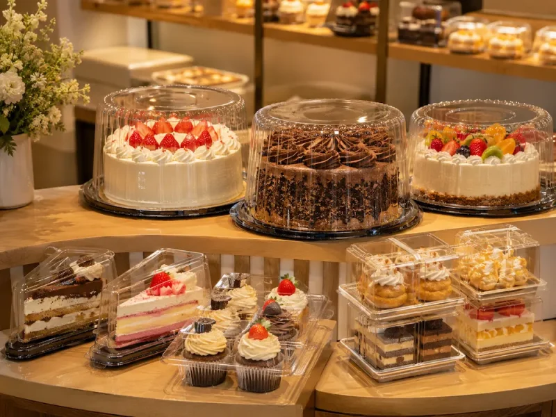 retail-bakery-display-clear-cake-containers Clear PET cake containers displaying decorated cakes, cupcakes, pastries and dessert portions in a retail bakery counter