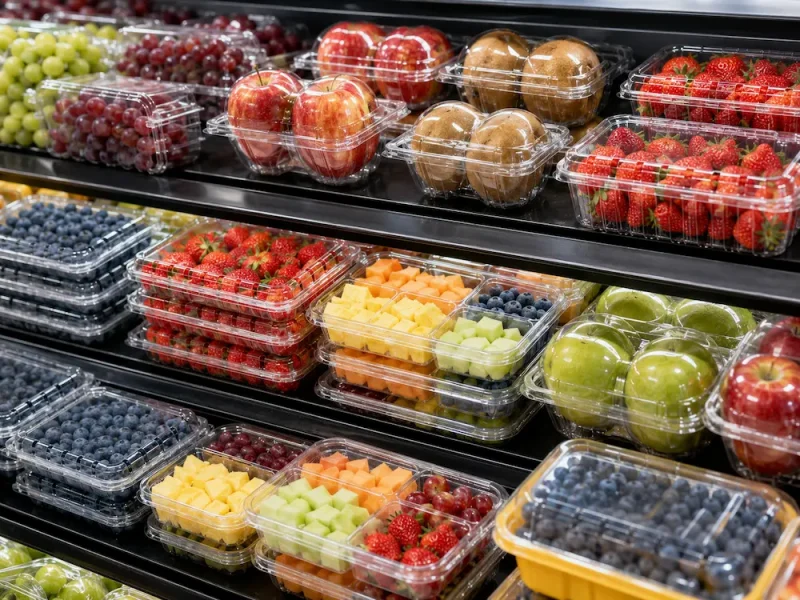 retail-fruit-display-fresh-produce-packaging-containers Clear fresh produce packaging containers displayed on supermarket retail shelves with fruit clamshells, apple packs, kiwi packs, and cut fruit trays