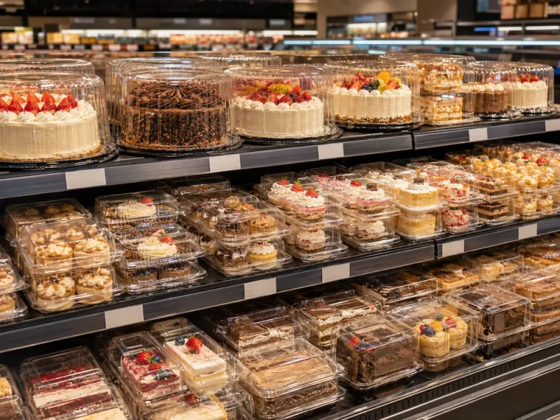 supermarket-bakery-section-stackable-cake-containers Stackable clear PET cake boxes and dessert containers arranged on supermarket bakery shelves