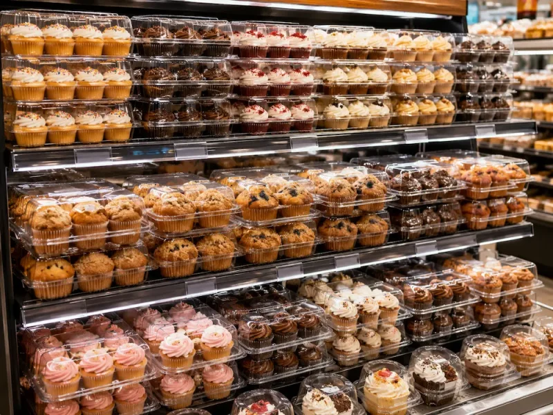 supermarket-dessert-shelves-cupcake-muffin-containers Stackable clear PET cupcake and muffin containers arranged on supermarket bakery dessert shelves