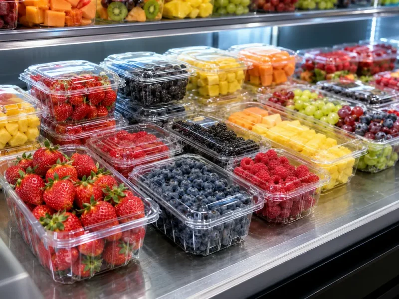 Fresh-cut fruit containers in a refrigerated supermarket display with clear PET clamshells for berries, grapes, melon and mixed fruit